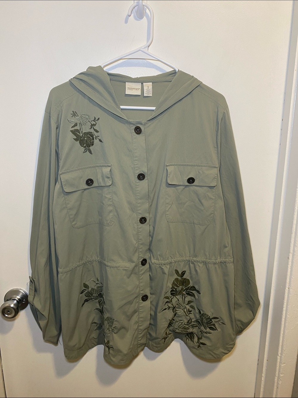 Chico’s Hooded Utility Jacket with Floral Embroidery — Sage Green